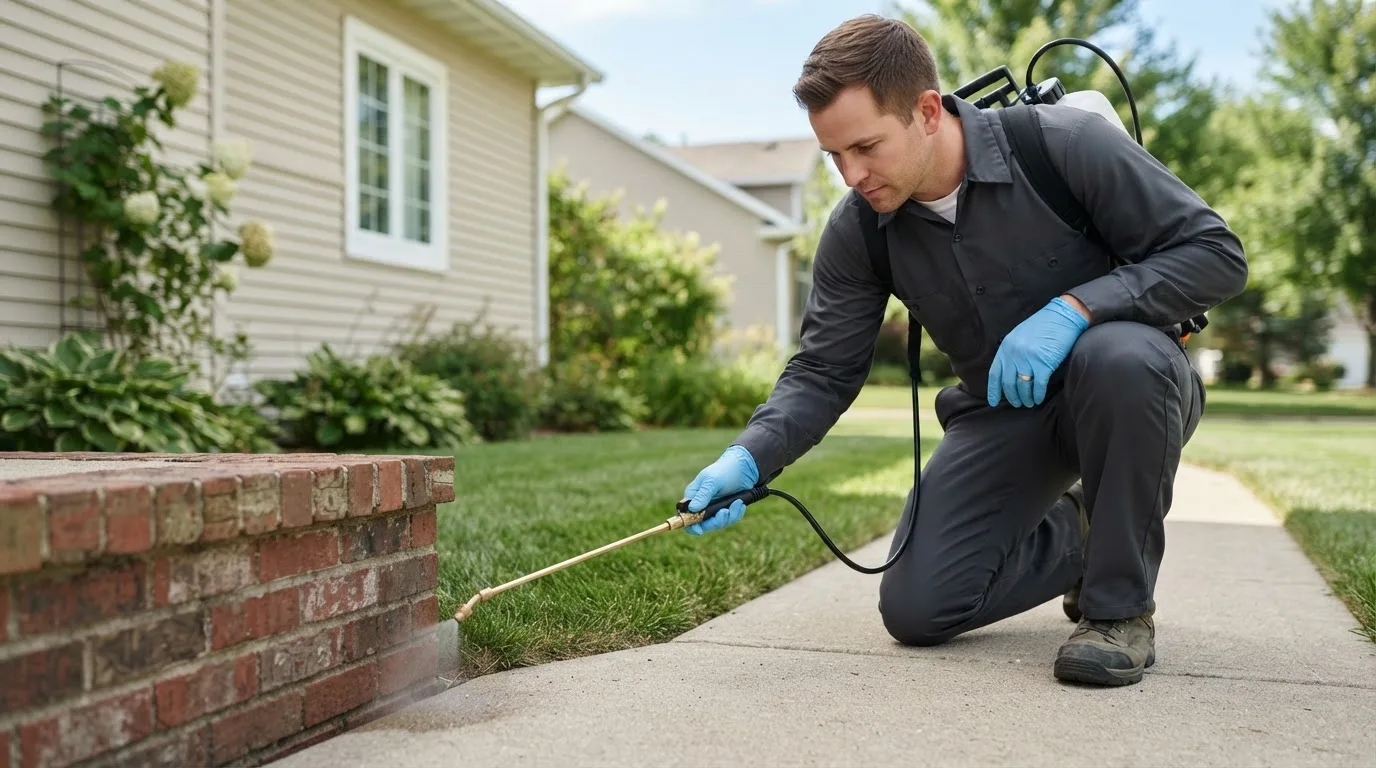 Pest control technician treating a home near Keosauqua, IA